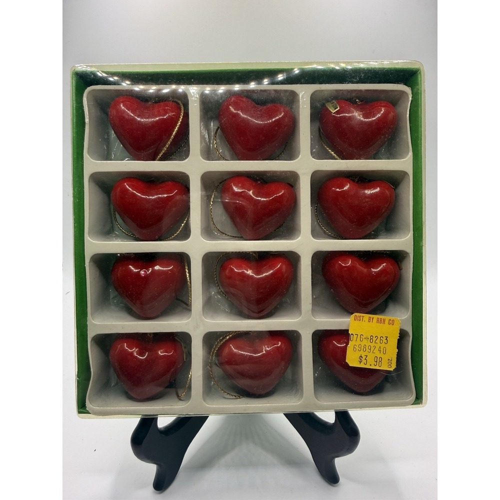 VTG Red Heart Christmas Ornaments Set 12 Boxed Holiday Tree Decor Taiwan 1980s